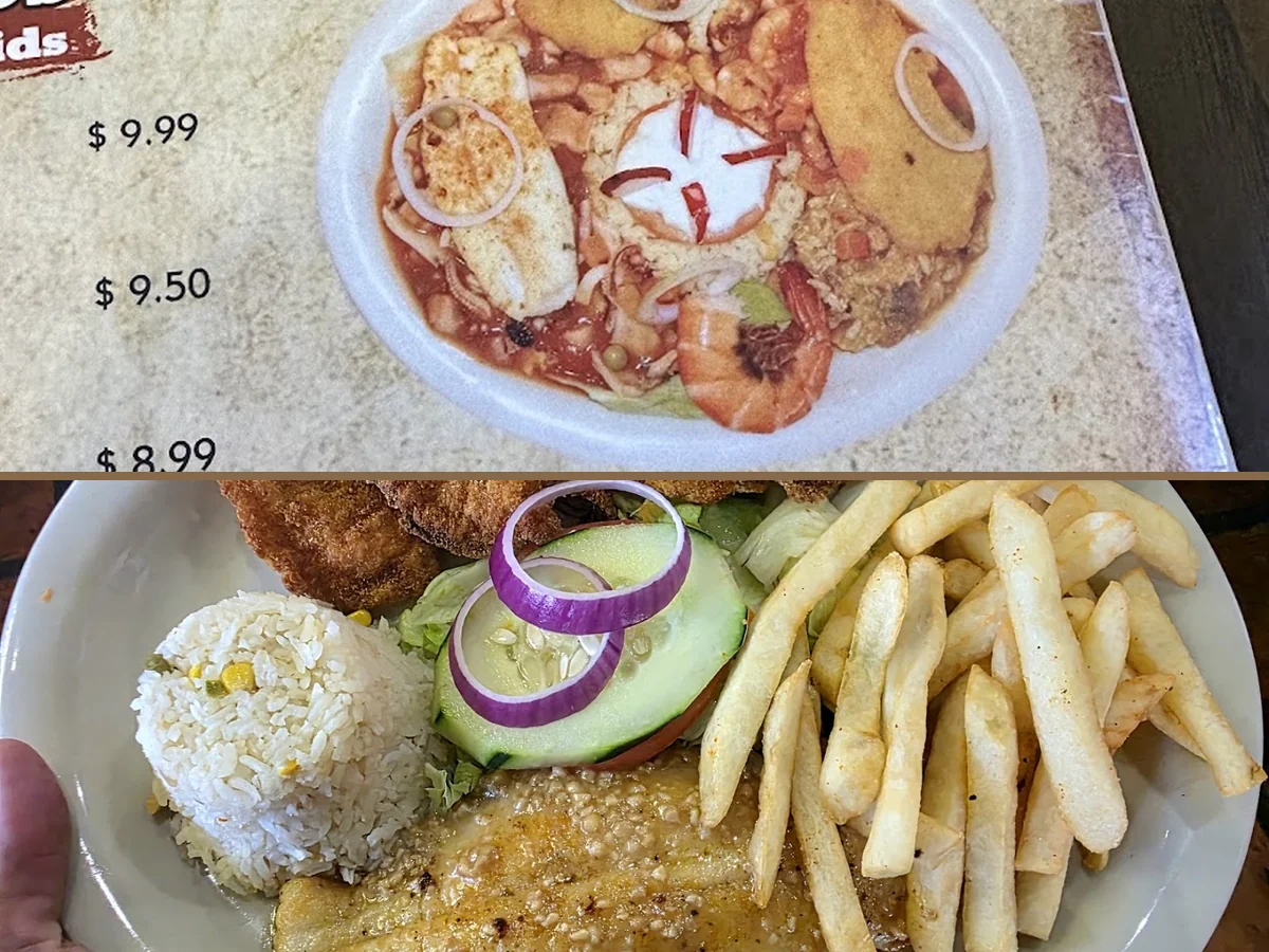 Seafood plates on a casual restaurant table.