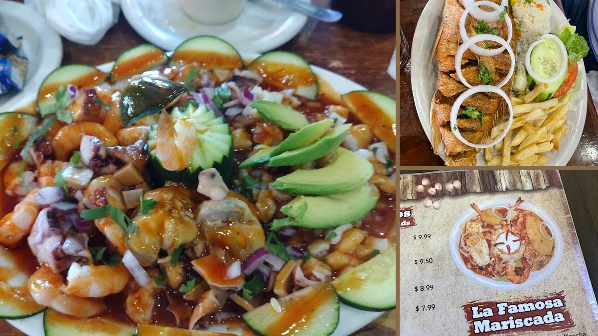 Seafood plates on a casual restaurant table.