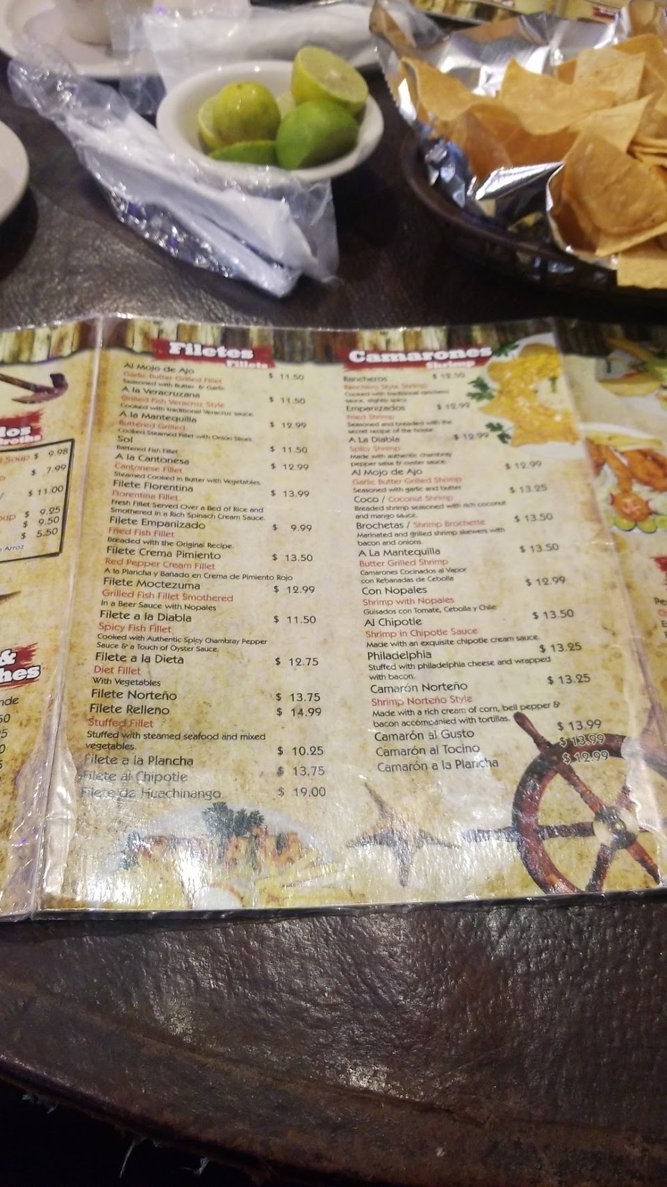 Menu page with shrimp, chicken, and drinks.
